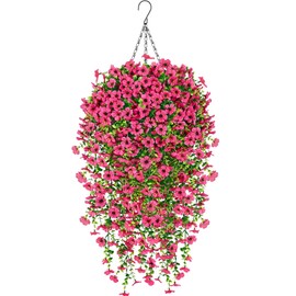 Artificial Hanging Flowers for Outdoors, Fake Hanging Plants with Baskets, UV Resistant Silk Faux Flowers for Outdoor Planters for Home Patio Porch Decor Spring Summer Outside Decoration, Rose Red