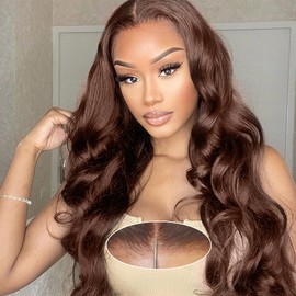 Daveila 24 Inch Chocolate Brown Body Wave Glueless Wig Human Hair Pre Plucked Pre Cut Glueless Lace Front Wig Ready to Wear 6x4 Body Wave 180% Density Closure Wig Natural Hairline #4 Colored Wig