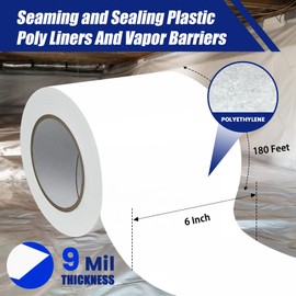 Bghdas 1 Roll, White Vapor Barrier Tape, 6" Wide x 180' Long, PE 9 mm Polyethylene Tape, for Crawlspaces, Underlayment Seams, Metal Building Seams, Excellent Air Barrier, Insulation Repairs