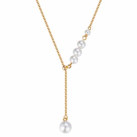 Pearl Beads Pendant Necklace Vintage Faux Pearl Lariat Y-Shape Necklace Chain Jewelry for Women (Gold)