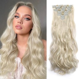 Clip In Hair Extensions Long Wavy 7 PCS Invisible Clip Thick Hairpieces Soft Full Head Synthetic Fiber for Women, 22 Inches (20Inch, 7pcs, Platinum Blonde)