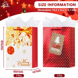 OFIHANLY 4 Pack 16.5" Large Size Merry Christmas Gift Bags with Handles for Xmas Holiday Presents Red&Gold Paper Wrapping Bag with Tissue Paper