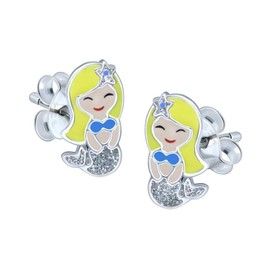 Mermaid Girl Earrings with Sparkly Silver Glitter - 925 Sterling Silver