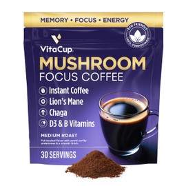 VitaCup Focus Mushroom Instant Coffee | For Memory & Clarity Support | with Fiber, Chaga, Lion’s Mane | D3 & B Vitamins | Medium Roast 100% Arabica & Robusta Instant Coffee | 30 Servings
