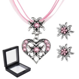 CPJJ Set of 3 Traditional Costume Jewellery Set with Vintage Heart Pendant and Edelweiss Stud Earrings for Women in Pink - Traditional Dirndl Jewellery, a