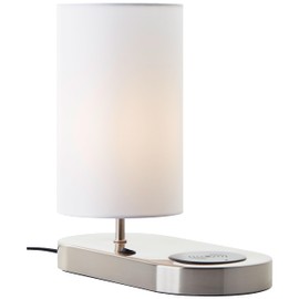 Lightbox Table Lamp with Wireless Charging & Fabric Lamp Shade, 26 cm Height, Diameter 12 cm, Modern Bedside Lamp for Bedroom, E14, Made of Metal/Textile/Iron in Silver/White