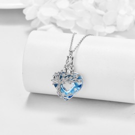 TIGER RIDER 925 Sterling Silver Tree of Life/Urn Necklaces for Women Heart Shaped Crystal Family Tree Necklace Birthday Christmas Anniversary Jewelry Gifts for Women (blue crystal urn)