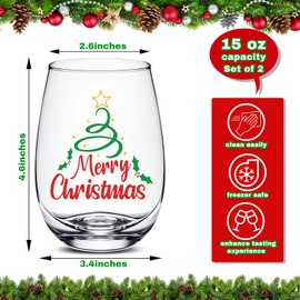Domensi 2 Pcs Christmas Wine Stemless Glasses 15 oz Funny Christmas Drinking Glasses Xmas Lights Elf Santa Jingle Holiday Wine Glass for Women Mom Coworker Friends Family Birthday Party Gift (Vivid)
