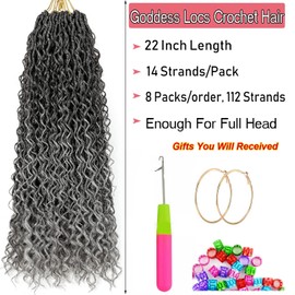 Ombre Grey Boho Goddess Locs Crochet Hair 22 Inch 8 Packs New Goddess Faux Locs Crochet Hair For Women With Curly Ends Hippie Locs Pre Looped Crochet Braids,Itch Free (22”,8 pieces,T1B/Grey#)