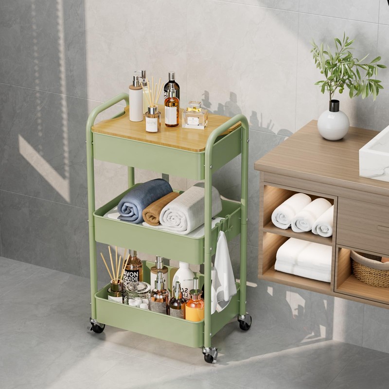 johgee 3 Tier Rolling Cart with Table top, Metal Rolling