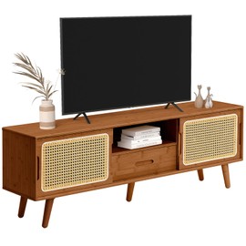 HollyHOME Bamboo TV Stand with Storage for TVs up to 65", Modern Entertainment Center with Rattan and Drawer, Accent TV Table with 2 Shelf, Media Console Cabinet for Living Room, Bedroom, Walnut