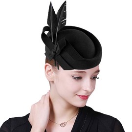 HIMESPORT Wool Felt Fascinators Hats for Women Ladies Tea Party Formal Cocktail Church Derby Cap Pillbox Hat with Feather Black