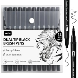 Vakki Pack of 12 felt tip pens, black dual brush pen, fineliner black (0.4 mm) + brush tip (1-2 mm), water-based ink, quick drying, ideal for drawing, sketching