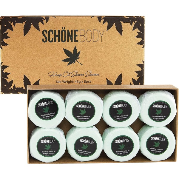 Hemp Shower Steamer Bombs, Large Set of 8 50g Shower Bombs by Schone Body, 2 Alluring Scents of Refreshing Mint and Hemp Oil and Soothing Lavender and Hemp Oil. Made with Pure Essential Oil Vegan Set