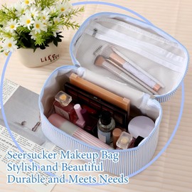 Huhumy Large Cosmetic Bag Toiletry Bag for Women, Aesthetic Cute Blue Seersucker Makeup Pouch Zipper Pouch, Teen Gift for Her Mom Girlfriend Wife Teacher Aesthetic Skincare Brushes Storage Organizer