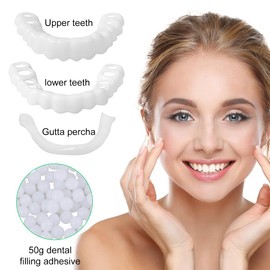 EOYVAIL Zahnersatz-Reparatursets,50 g weiße Perlen zum Füllen temporärer Zahnreparaturen, Zahnkleber + 1 Paar Ober- und Unterkieferprothesen + 2 Stück Zahnkleberstreifen