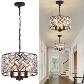 lobolighting Black Crystal Pendant Light, 3-Light Modern Chandelier, 11'' Round Kitchen Pendant Lighting, Adjustable Drum Chandelier for Dining Room Foyer Hallway