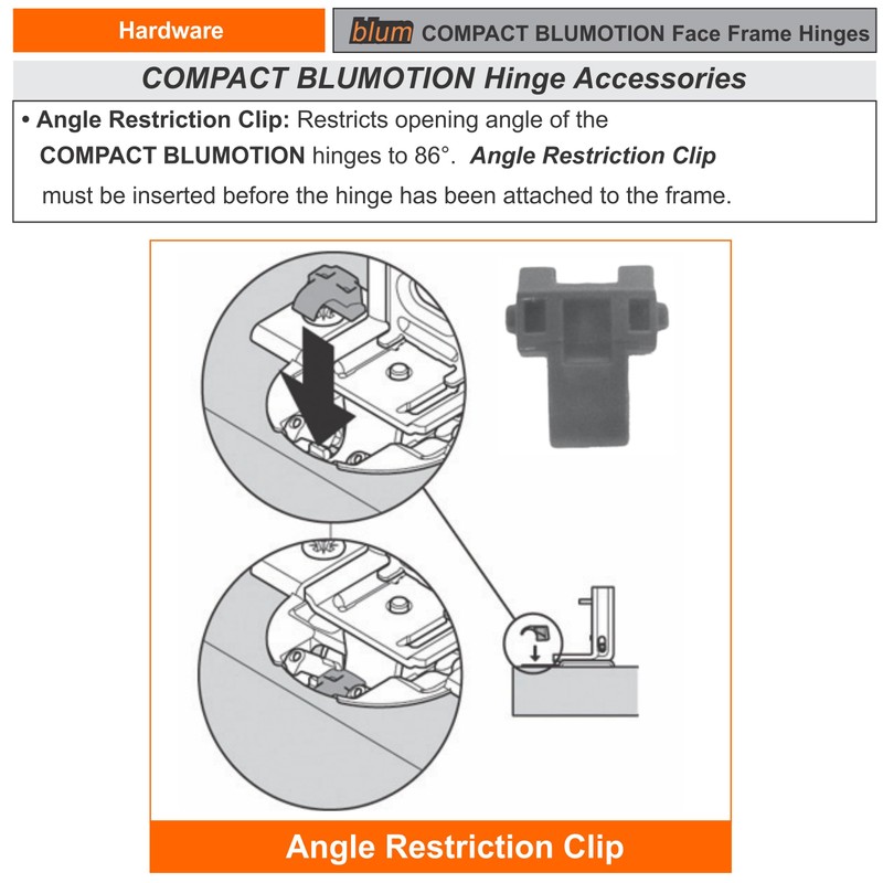 Blum 38C315B3 Blumotion 86 Degree Angle Restriction Hinge Clip, Nylon
