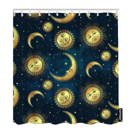 AOYEGO Moon Sun and Stars Shower Curtain with Hooks Gold Celestial Face Cosmos Celestial Night Sky Galaxy Fabric Shower Curtain Decorative 60x72 Inch Polyester for Bathrooms Bathtubs Farmhouse