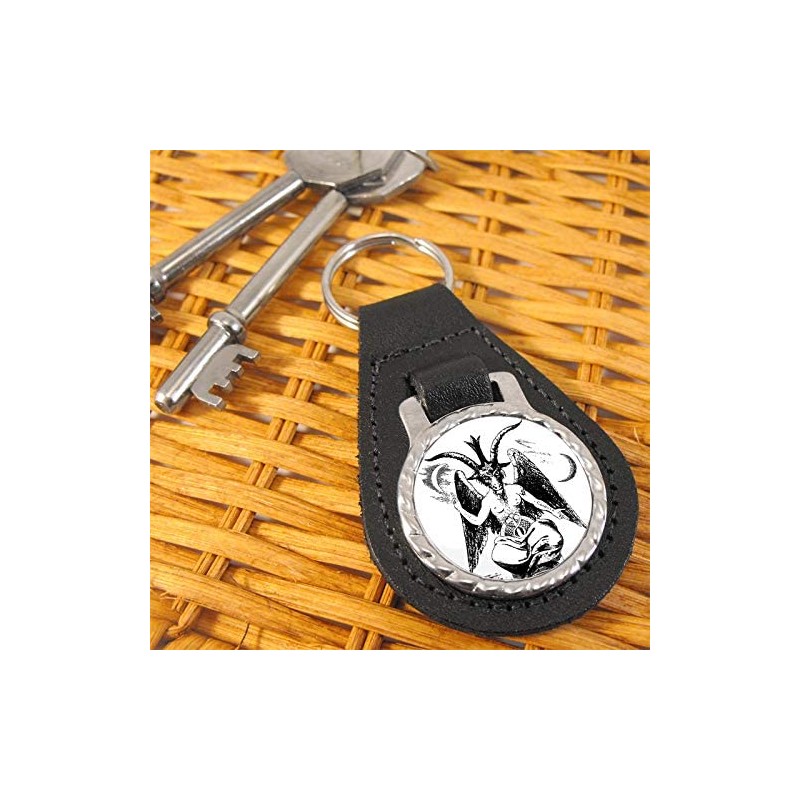 Giftshop UK Baphomet Satanic Leather Keyring, Black leather and silver