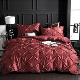 Erosebridal Burgundy Pinch Pleated Comforter Cover Queen Size Silk Like Satin Pintuck Bedding Set with Zipper Ruffle Design Luxury & Microfiber Comforter Cover Pintuck Decorative Bedspread Cover