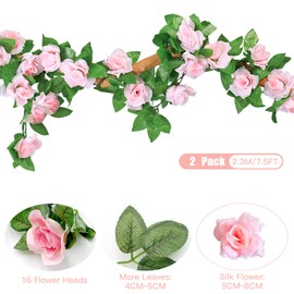 2 Pack 7.2FT Artificial Rose Garland, Artificial Flower Vine Hanging Rose Garlands for Outdoor Indoor Wedding Wall Badroom Decoration (Pink)