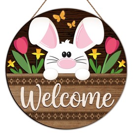 10" Happy Easter Wooden Hanging Sign - Welcome - Easter Egg and Bunny Pattern, Country/Retro Style, Indoor and Outdoor Spring Decorations, Farmhouses, Homes, Doors, Decoration & Gift (Black) - A03