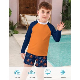 Boys Swim Set Size 10-12 Bathing Suit Orange 2 Piece Boys Swim Trunks with Rash Guard Swimwear Trunks with Compression Liner
