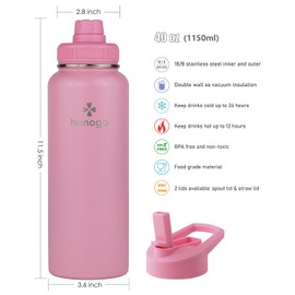honogo 40 oz Double Wall Insulated Sports Water Bottle for Men, Women & Kids, 18/8 Stainless Steel Wide Mouth Thermos Flask with Straw Lid & Spout Lid, Leak Proof, Keep Hot and Cold (Pink, 40 oz)