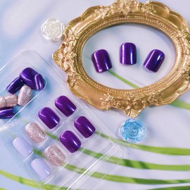 Short Press on Nails Square Purple Fake Nails with Designs Extra Short False Nails Glitter Cute Gel Acrylic Nails Full Cover Glue on Nails Spring Summer Stick on Nails for Women Supply 24Pcs