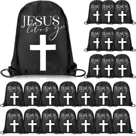SilTriangle 24 Pcs Christian Drawstring Bags Vbs Gifts Jesus Loves You Drawstring Backpack Religious Gifts(Black)