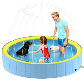 Heeyoo Foldable Dog Pool with Sprinkler for Large Dogs, Portable Hard Plastic PVC Pet Bathing Tub, Outdoor Collapsible Swimming Pool for Pets, 97'' x 16''