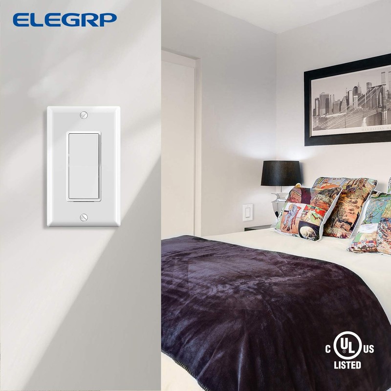 ELEGRP Glossy White Single Pole Decorator Light Switch, 15Amp, 120-277V,