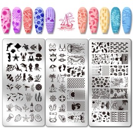 PH PandaHall Ocean Life Nail Art Stencils, Seaside Marine Life Nail Stamping Plate Beach Sea Shell Art Stencils Stainless Steel Image Plates for Women Summer Nail Design Print Manicure Salon Pack of 3