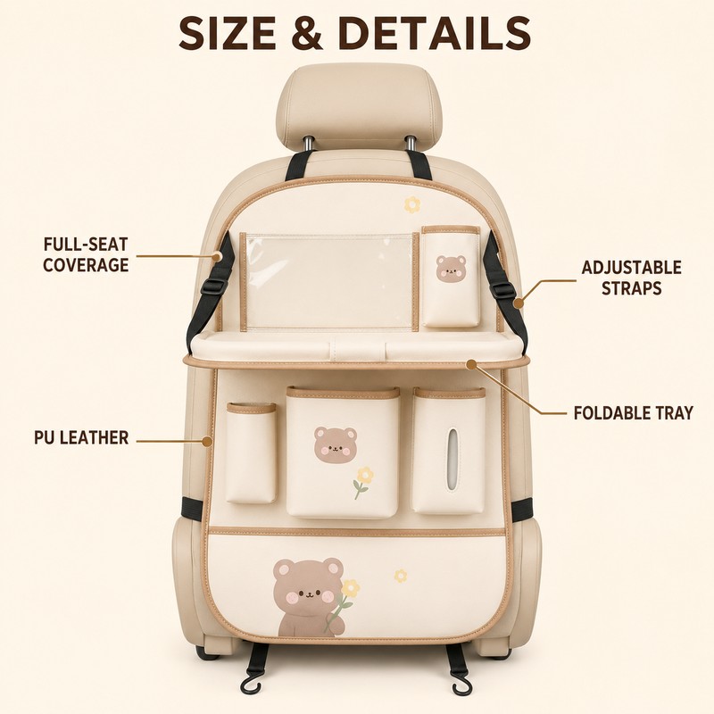 PU Leather Car Seat Back Organizer with Foldable Tray, Multi-Pocket