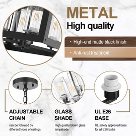 QianZhan 4-Light Black Chandelier, 19" Farmhouse Chandeliers Light Fixture with Glass Shade Lighting Fixtures Modern Ceiling Pendant Lamp for Dining Room Kitchen Island Entrance Bedroom Living Room