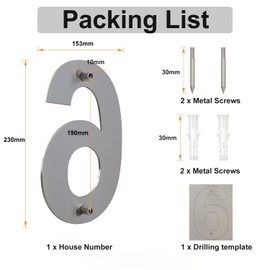 Large Modern House Numbers Stainless Steel Door Numbers -Corrosion Resistant and Easy to Clean - Floating Appearance and Easy to Install - 9 Inch 230mm Height (Number 6 Six)