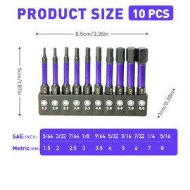 Impact Hex Bit Set, 10-Piece, 1.5-8mm, S2 Steel, 1/4-inch Shank with Magnetic Holder