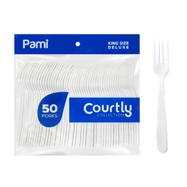 PAMI Heavy-Weight Disposable Plastic Forks [50-Pack] - Bulk King Size Deluxe White Plastic Silverware For Parties, Weddings, Catering Food Stands, Takeaway- Heavy-Duty Single-Use Partyware Forks