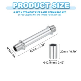 PATIKIL Straight Pipe Lamp Stems Rod Kit, 6 Set M10 Carbon Steel 60mm(2.36") Long Double End Thread Rod with Coupling Nuts Sleeve Connector for Table Lamps Chandeliers, Silver Tone
