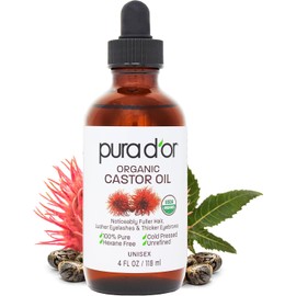 PURA D’OR™ Aceite de Ricino Orgánico 100% Puro 4oz | Prensado en Frío, USDA Certificado | Estimula Crecimiento de Pestañas, Cejas y Cabello | Incluye Kit Aplicador | Sin Hexano, Vegano, Aroma Natural Relajante