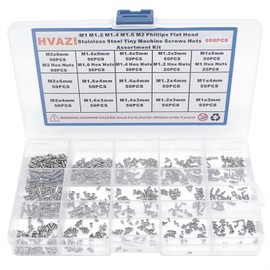 HVAZI Metric 900PCS Metric M1 M1.2 M1.4 M1.6 M2 Phillips Countersunk/Flat Head Stainless Steel Tiny Machine Screws Nuts Assortment Kit