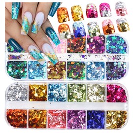 2 Boxes 24 Colors Chameleon Holographic Glitter Mermaid Nail Art Sequins 3D Flakes Laser Gradient Nail Glitter Design Shiny Glitters Powder Accessories for Women Manicure DIY Nail Art Decorations