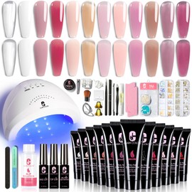 Clara Colors Poly Gel Nail Kit, 12 Colors Clear Jelly Nude Pink Poly Extension Gel Nail Kit All In One Polygel Nail Kit Starter Kit with Slip Solution and Tools for Nail Art DIY with Everything