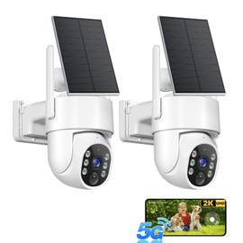 Solar Security Cameras Wireless Outdoor, 5G WiFi Cameras for Home Security, 2K 360° PTZ Battery Powered Outside Cam, 2 Way Talk, Color Night Vision, Human Detection for Porch/Garage/Yard, 2 Packs
