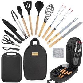 Camkinger 15Pcs Camping Knife Set, Portable Camping Silicone Cooking Utensils Set with Storage Bag, Travel Kitchen Utensils Set, Essential Outdoor Cooking Gear for RV, BBQ, Hiking, Ideal Camping Gifts