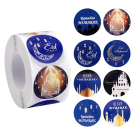 500pcs 1in Ramadan Stickers, 8 Styles Round Eid Mubarak Sticker Roll Self-Adhesive Ramadan Kareem Labels for Gift Tag Wrapping Paper Muslim Festival Party Decoration