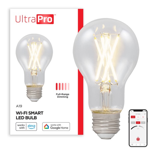 UltraPro Wi-Fi LED Smart Light Bulb, A19, 60W Equivalent, Filament 2700K, Edison and Antique Style, Full-Range Dimmability, 2.4GHz Router Required, Easy-to-Use App, 51445