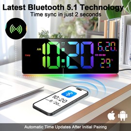 Xflyee 16" Bluetooth Large Digital Wall Clock/Auto Time Sync, 10 RGB Colors Digital Clock Large Display with Remote, Auto-Dimming/DST, Calendar, Timer, Alarm, 6 Night Lights Big Clock for Decor