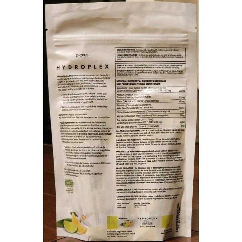 Plexus Hydroplex Hydrate Electrolyte Drink Mix Lemon Lime 20 Packets